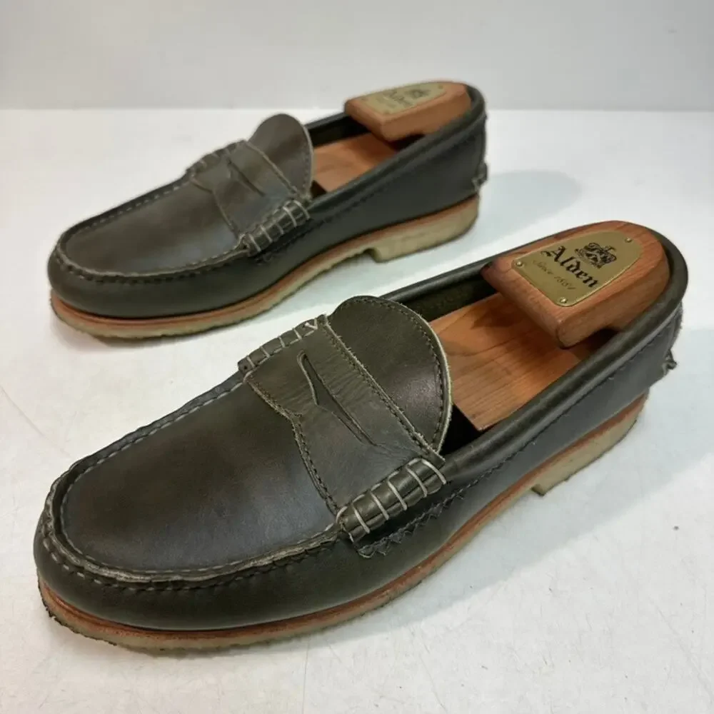 WORN ONCE Quoddy True Penny Loafers Olive Green Handsewn Chromexcel Crepe 8 D
